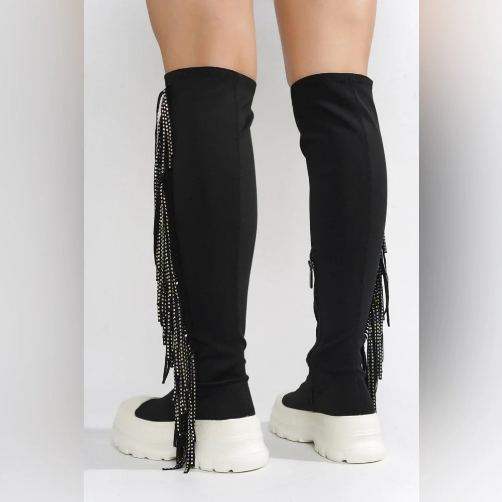 ARETHA - BLACK - BOOTS by CAPE ROBBIN Over-the-Knee Boots with Fringe Detailing